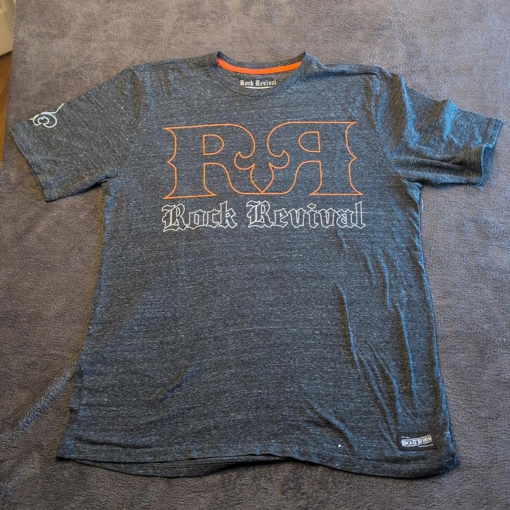 Rock Revival Mens XL Graphic T-Shirt Charcoal Heather Grey Orange Logo Tee